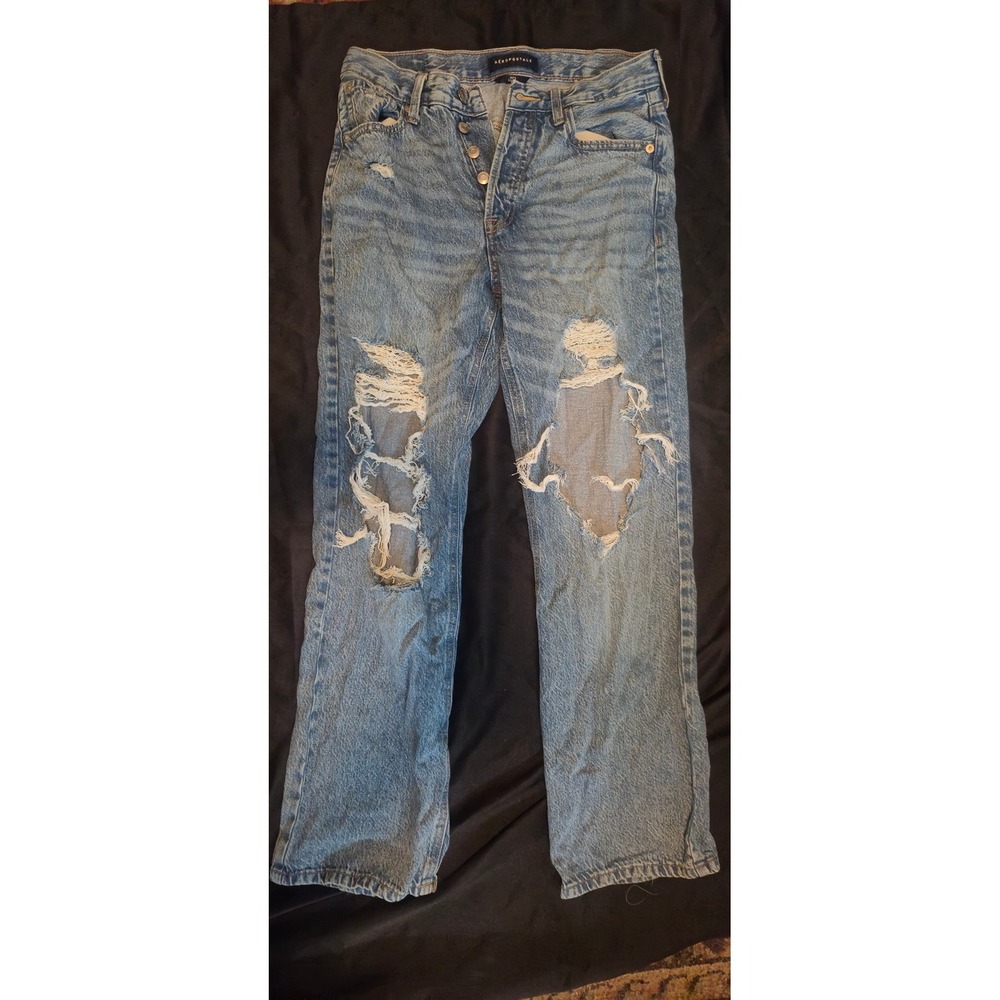 Aeropostale 90s Baggy High Rise Distressed Jeans Light Wash Blue 4 Short